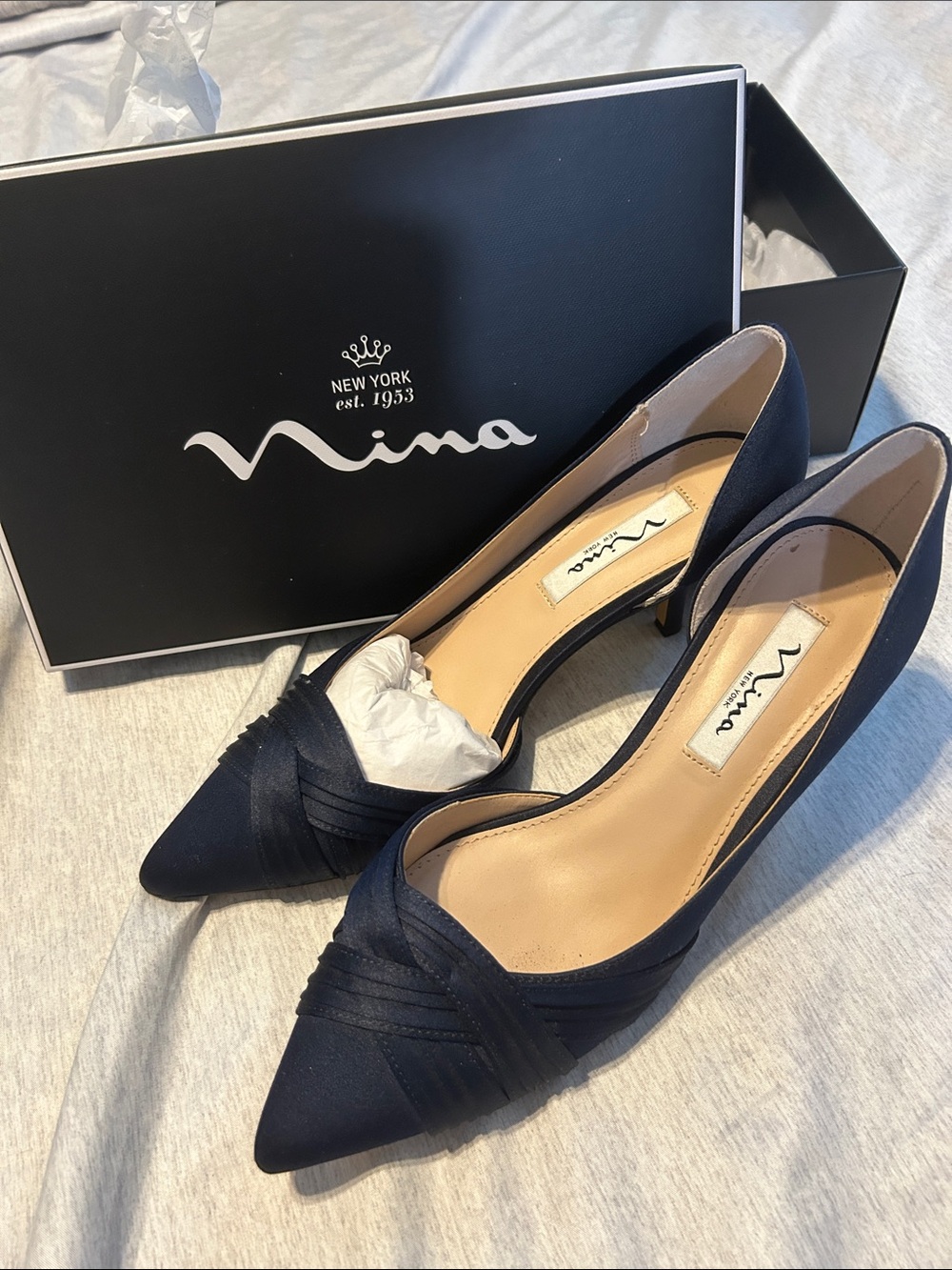 Nina Navy Satin Pointed-Toe Kitten Heel Pumps